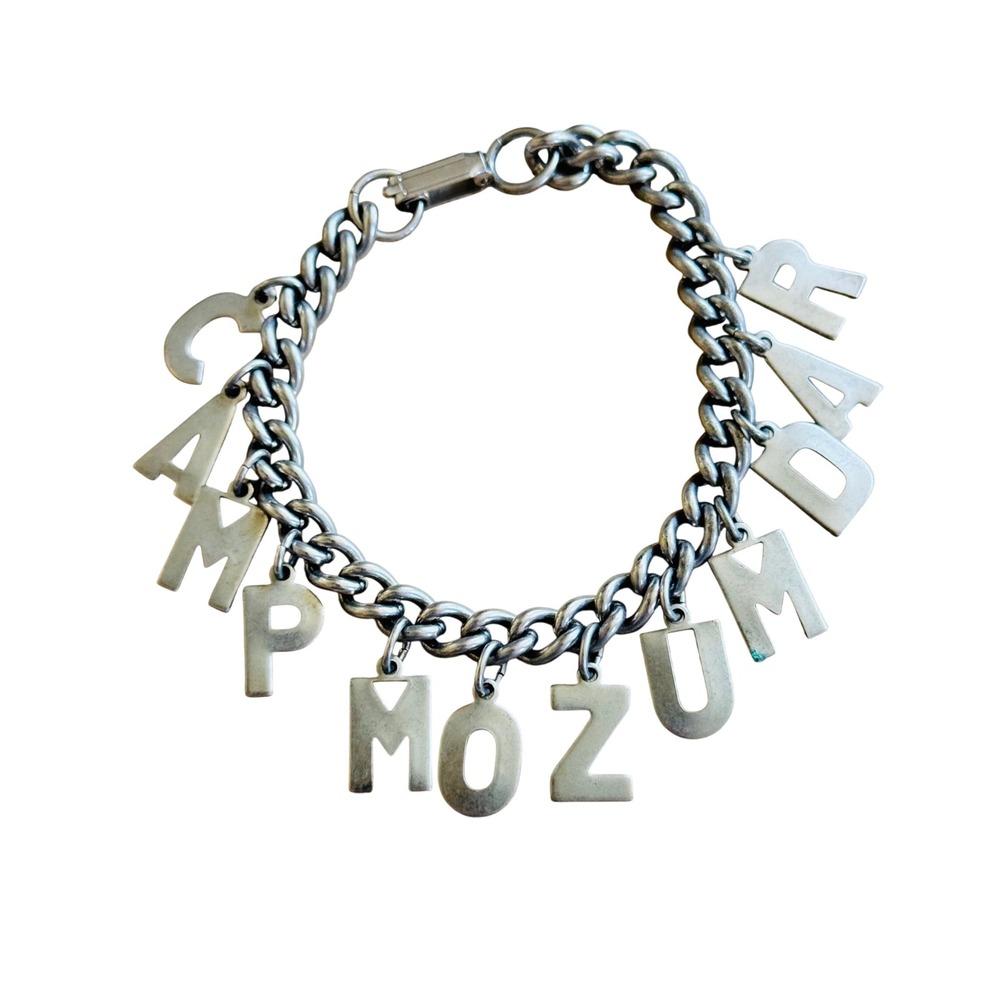 VTG Camp Mozumdar Dangle Charm Souvenir Bracelet Statement Silver Tone Logo 6.5"